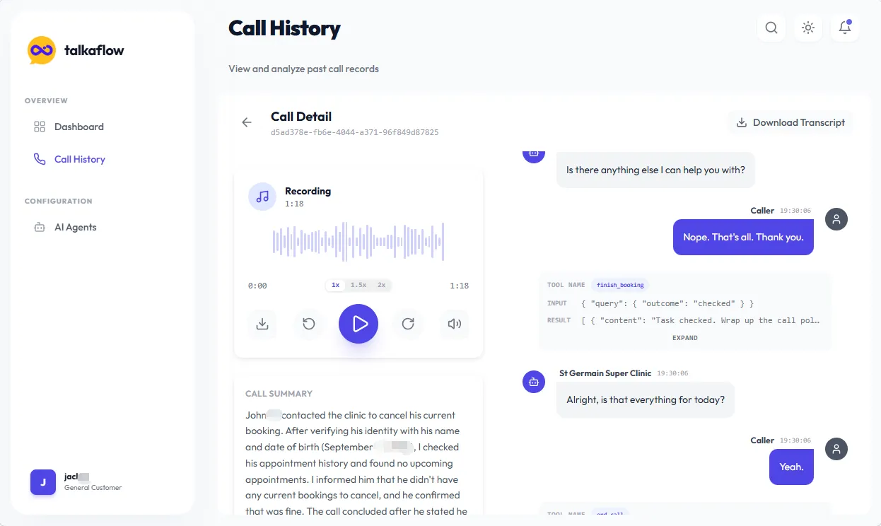 talkaFlow portal — call detail view with transcript and recording