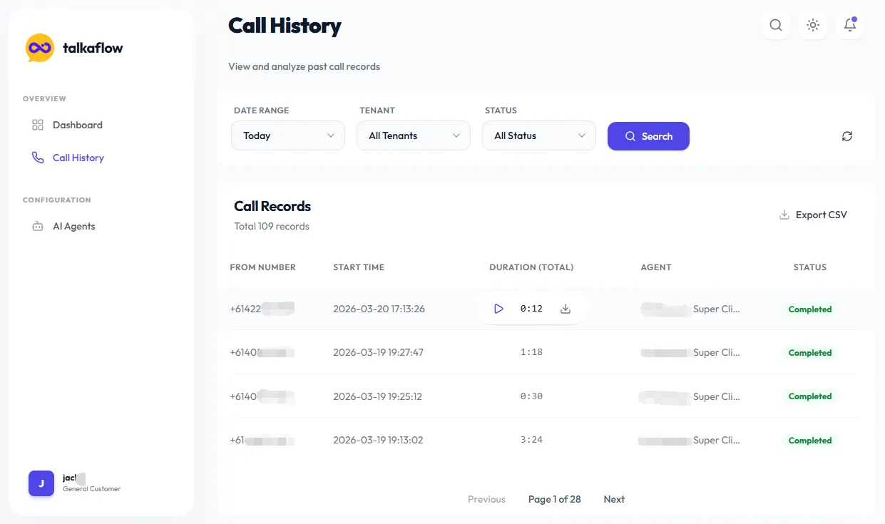 The talkaFlow portal — live call history with recordings, durations and agent status
